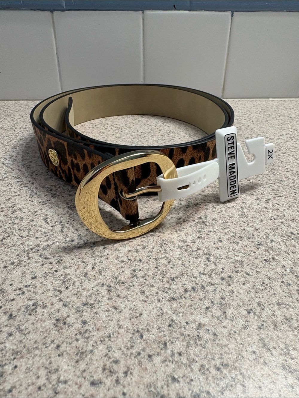 Steve Madden Leopard-Pattern Belt with Hammered Gold Oval Buckle
